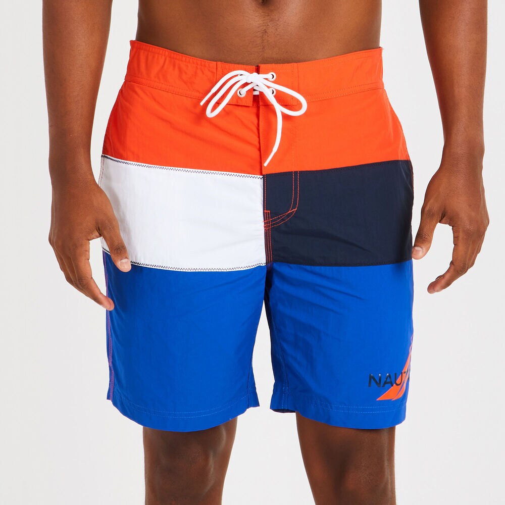 Colorblock Half-Elastic Swim Trunks,Spicy Orange,large