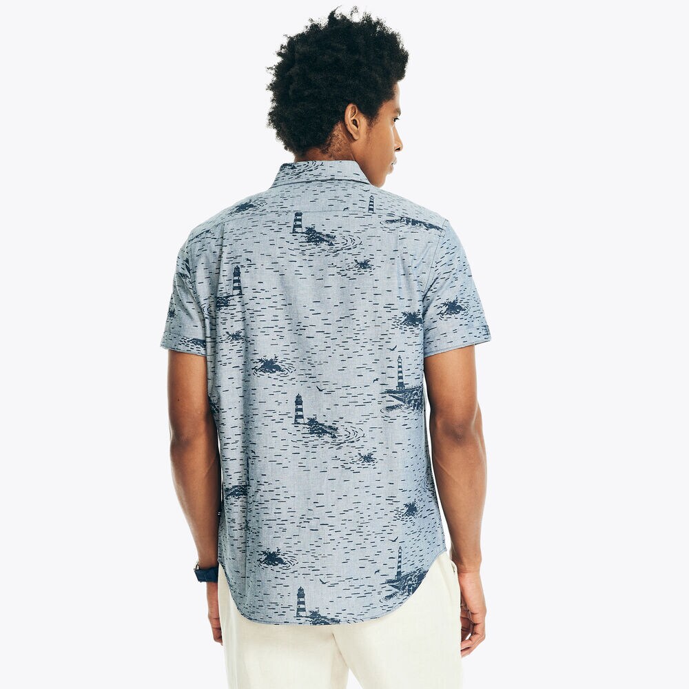 PRINTED CHAMBRAY SHORT-SLEEVE SHIRT,Lapis Blue,large