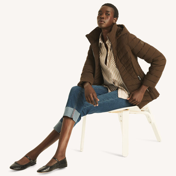 Short Hooded Jacket With Faux Fur Trim