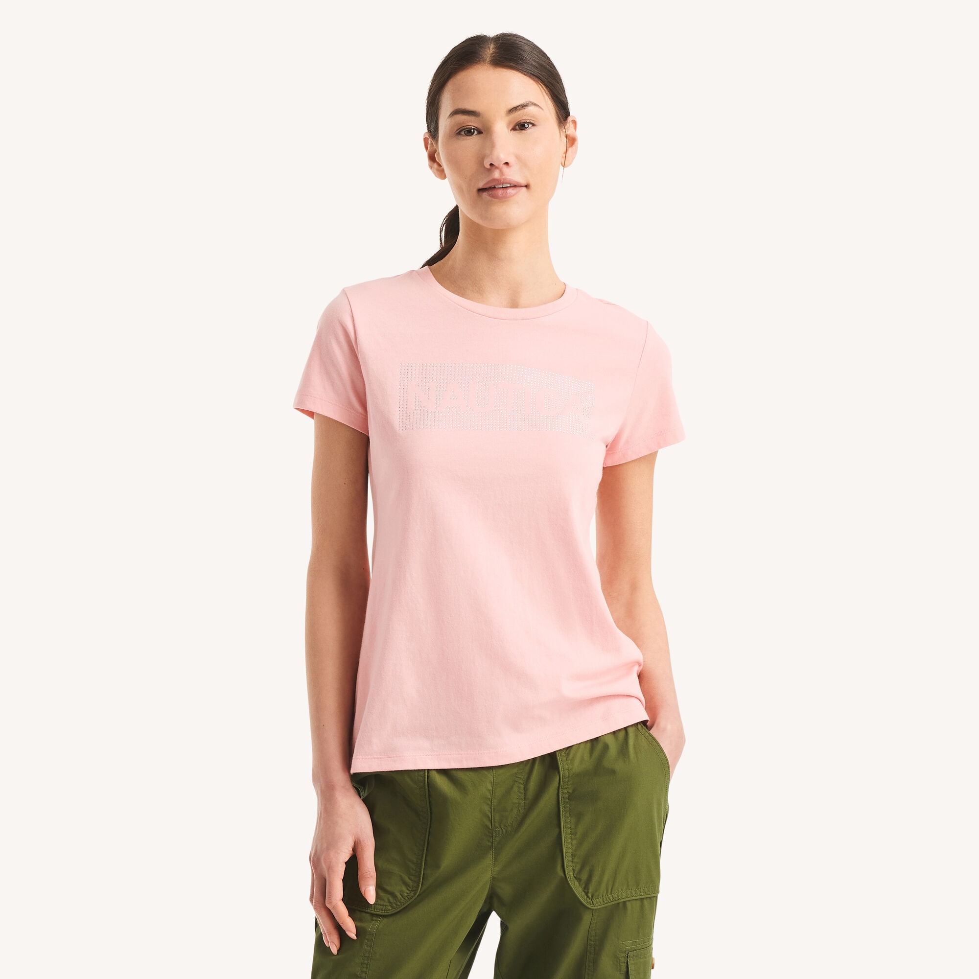 Rhinestone Logo Graphic T-Shirt,Camellia Rose,large