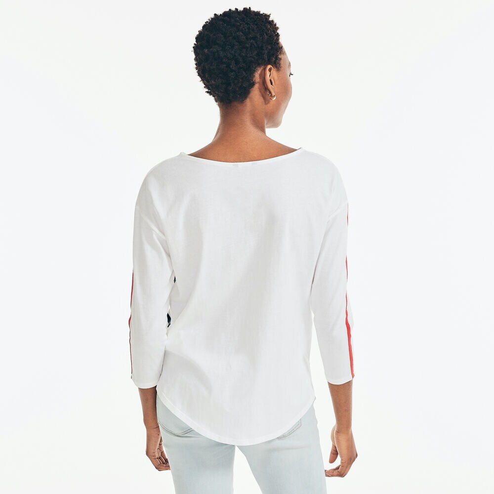 STRIPED THREE-QUARTER-SLEEVE TOP,Bright White,large