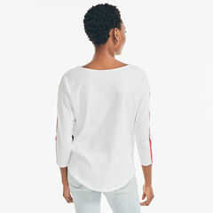STRIPED THREE-QUARTER-SLEEVE TOP,Bright White,large
