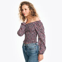 Floral Print Smocked Top,Stellar Blue Heather,large