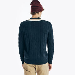 CRICKET CABLE-KNIT V-NECK SWEATER,Navy,large