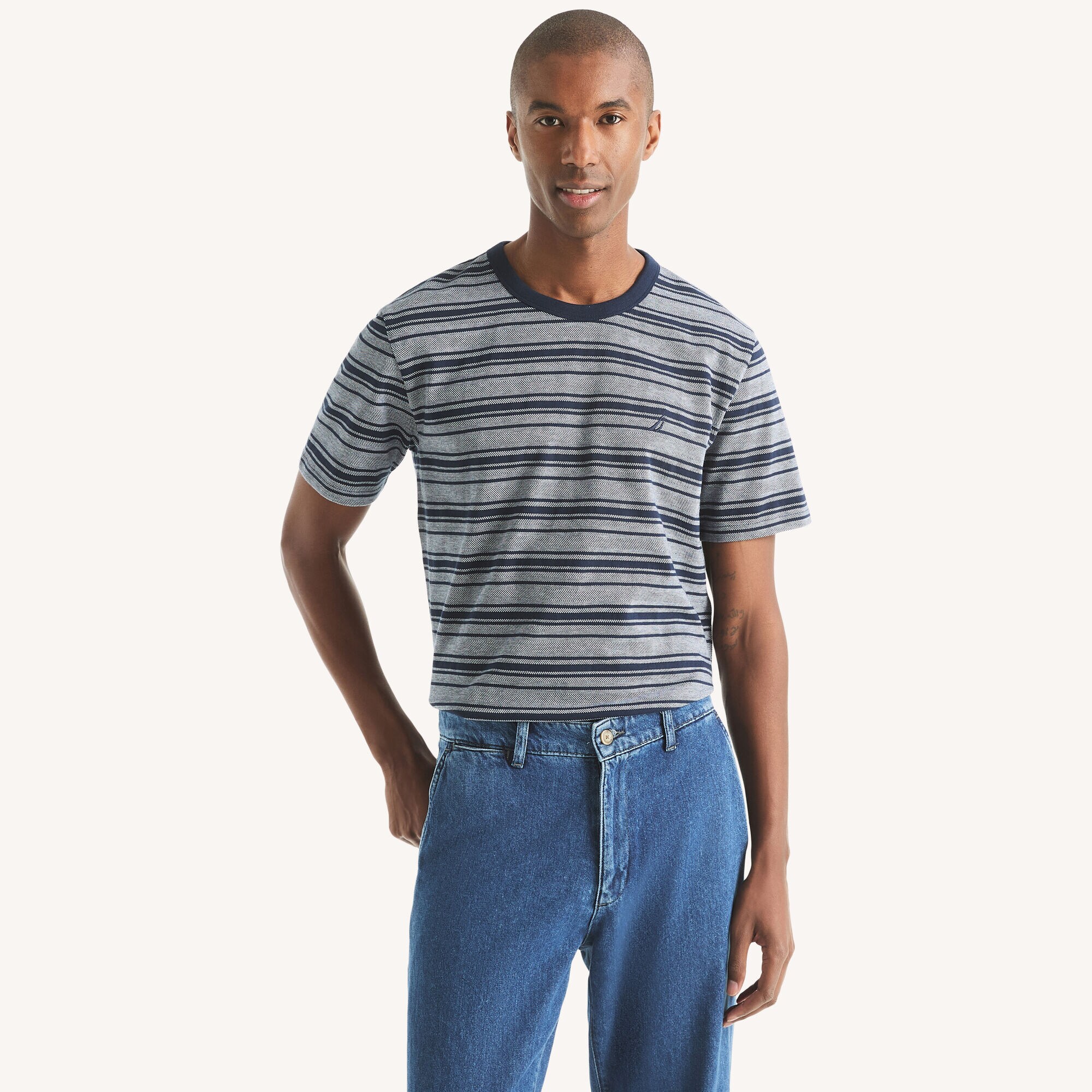 Herringbone Striped Crewneck T-Shirt,Stellar Blue Heather,large