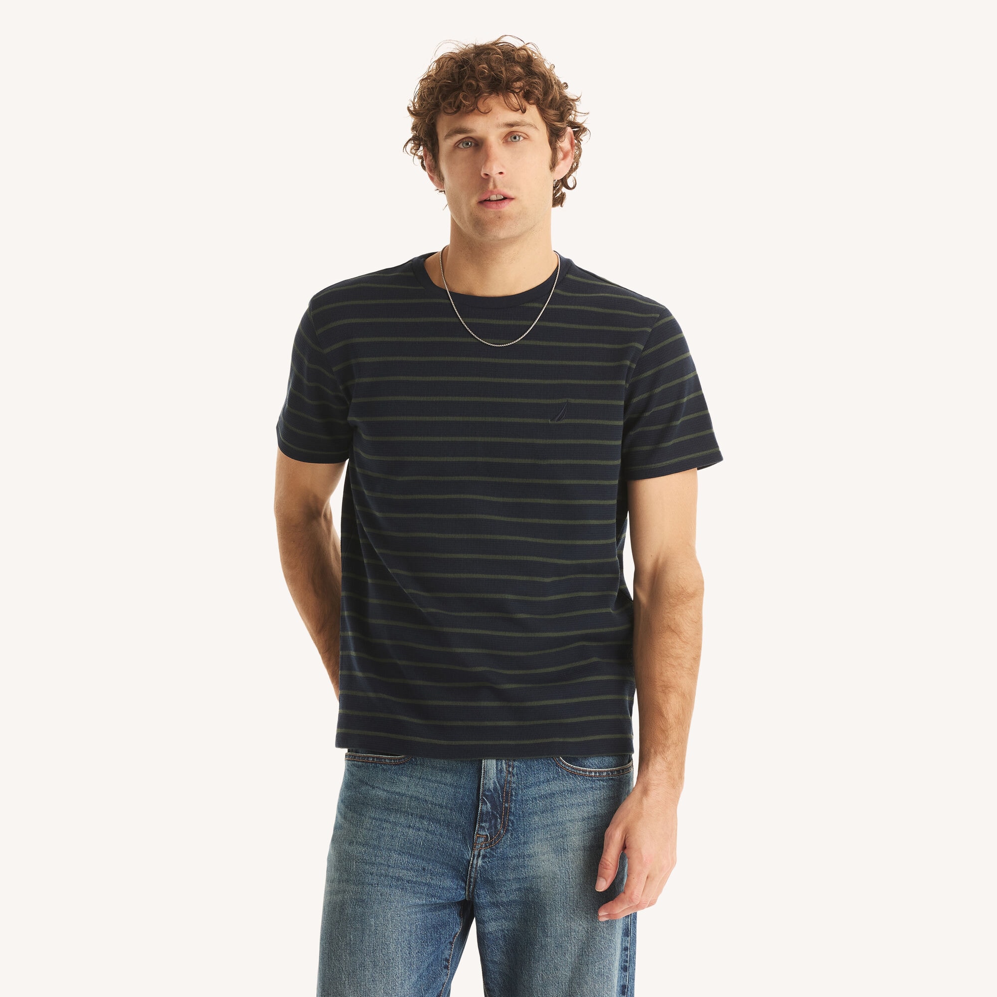 Navigator Waffle Knit Striped Crewneck T-Shirt,Stellar Blue Heather,large