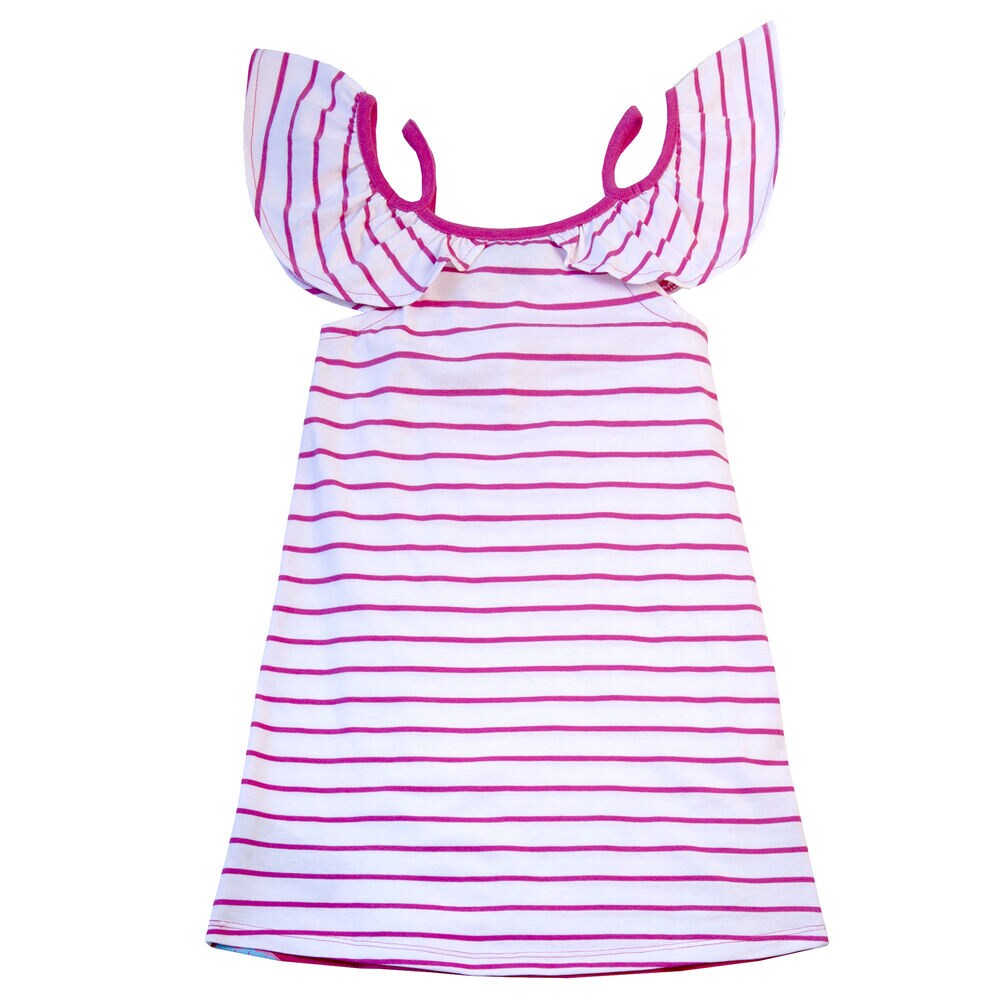 GIRLS' STRIPE FLORAL PRINT COLD-SHOULDER DRESS (8-16),Tango Red,large