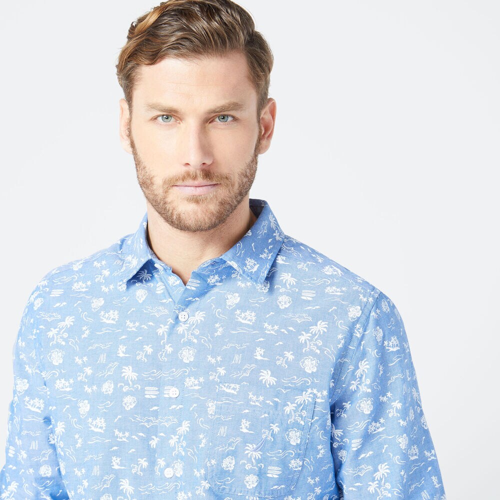 CLASSIC FIT TROPICAL PRINT CHAMBRAY SHIRT,Clear Sky Blue,large