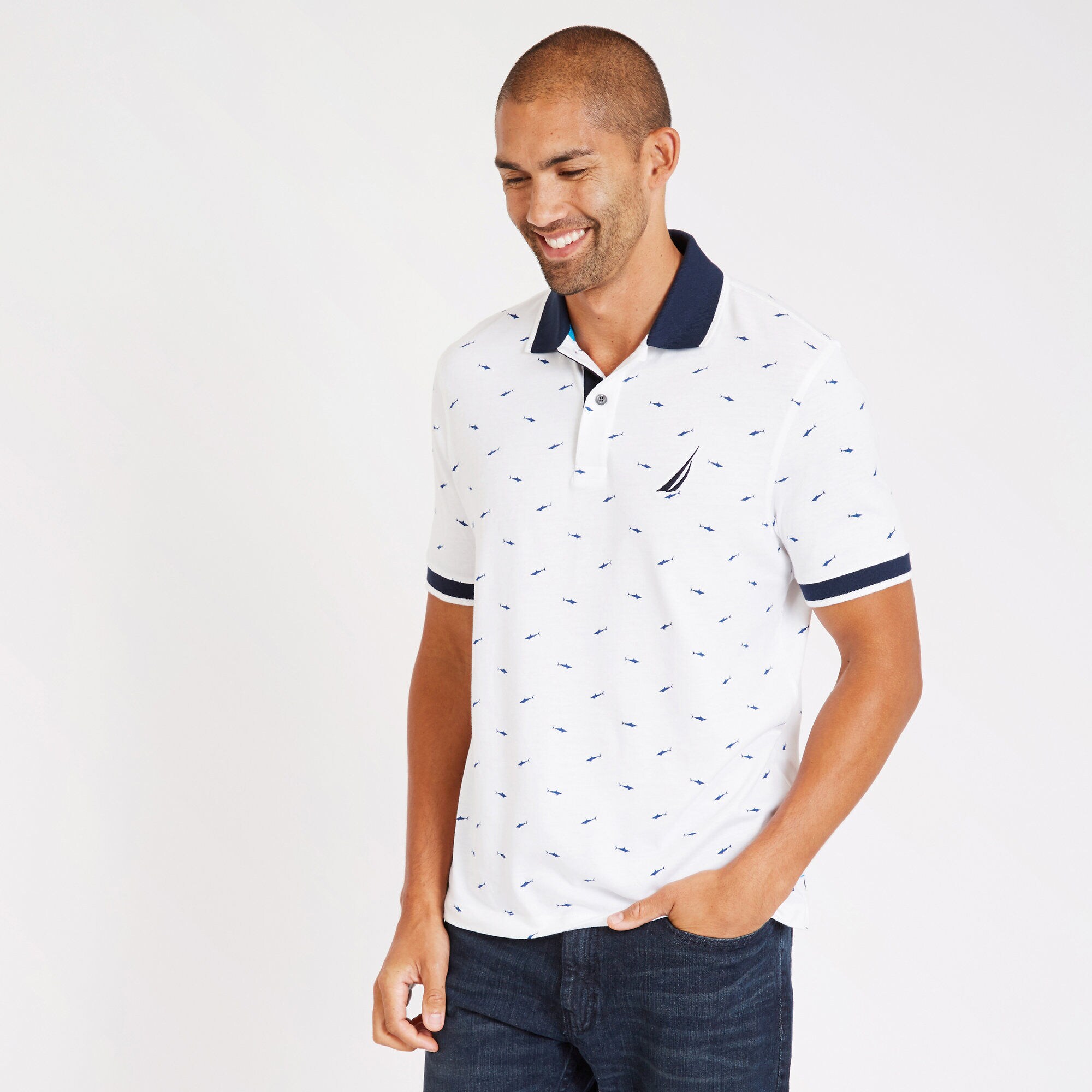 Shark Motif Short Sleeve Classic Fit Polo,Bright White,large