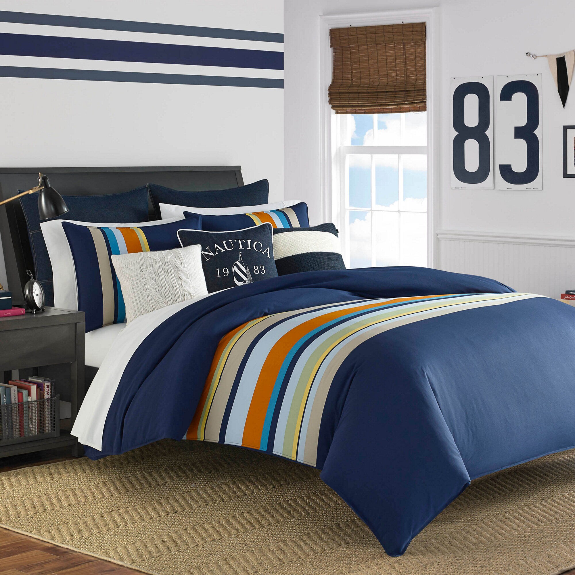 Sailing Stripe Comforter Set,Navy,large