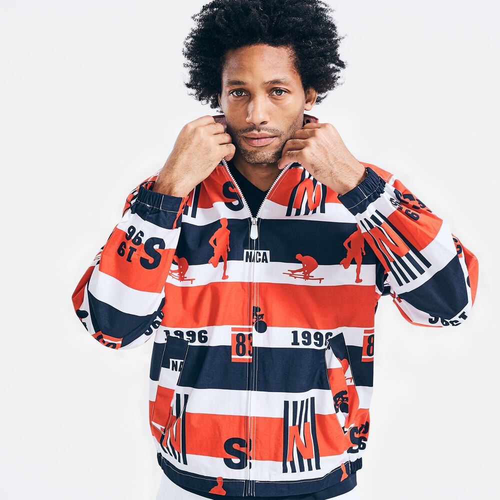 STRIPED LOGO PRINT JACKET,Royal Burgundy,large