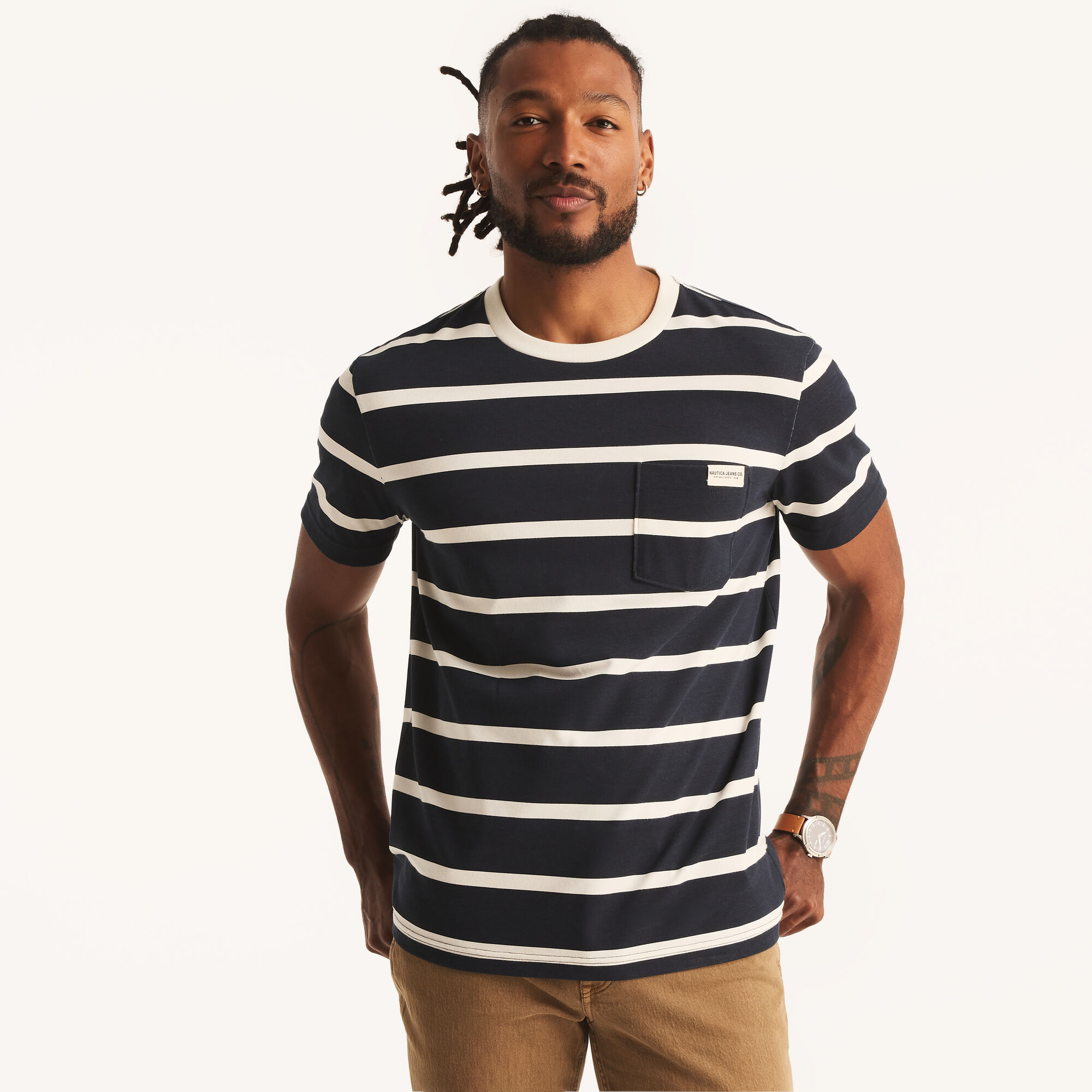 Nautica Jeans Co. Striped T-Shirt,Stellar Blue Heather,large