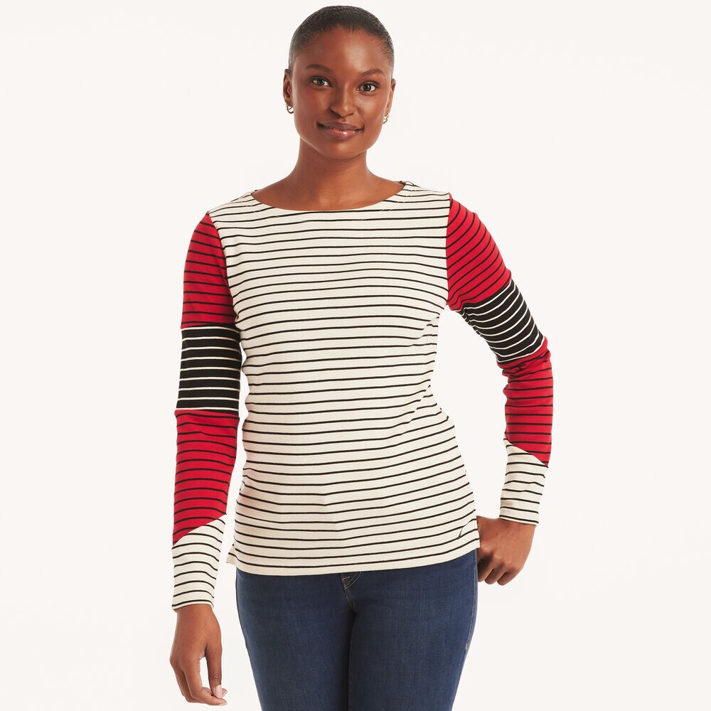 Striped Colorblock Boatneck Top,Sail White,large