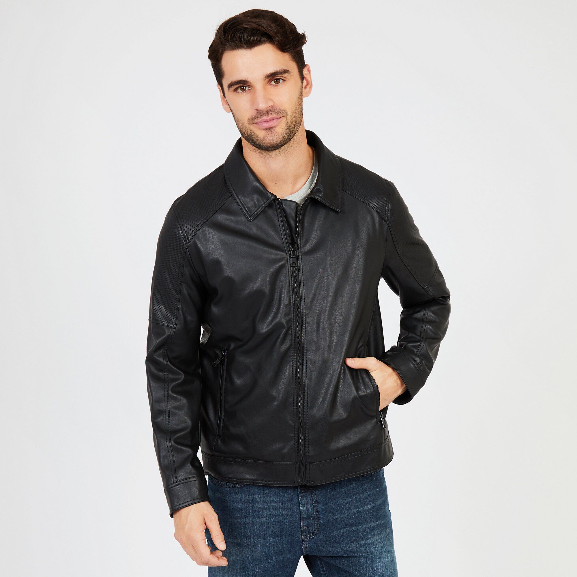 Classic Faux Leather Jacket,True Black,large
