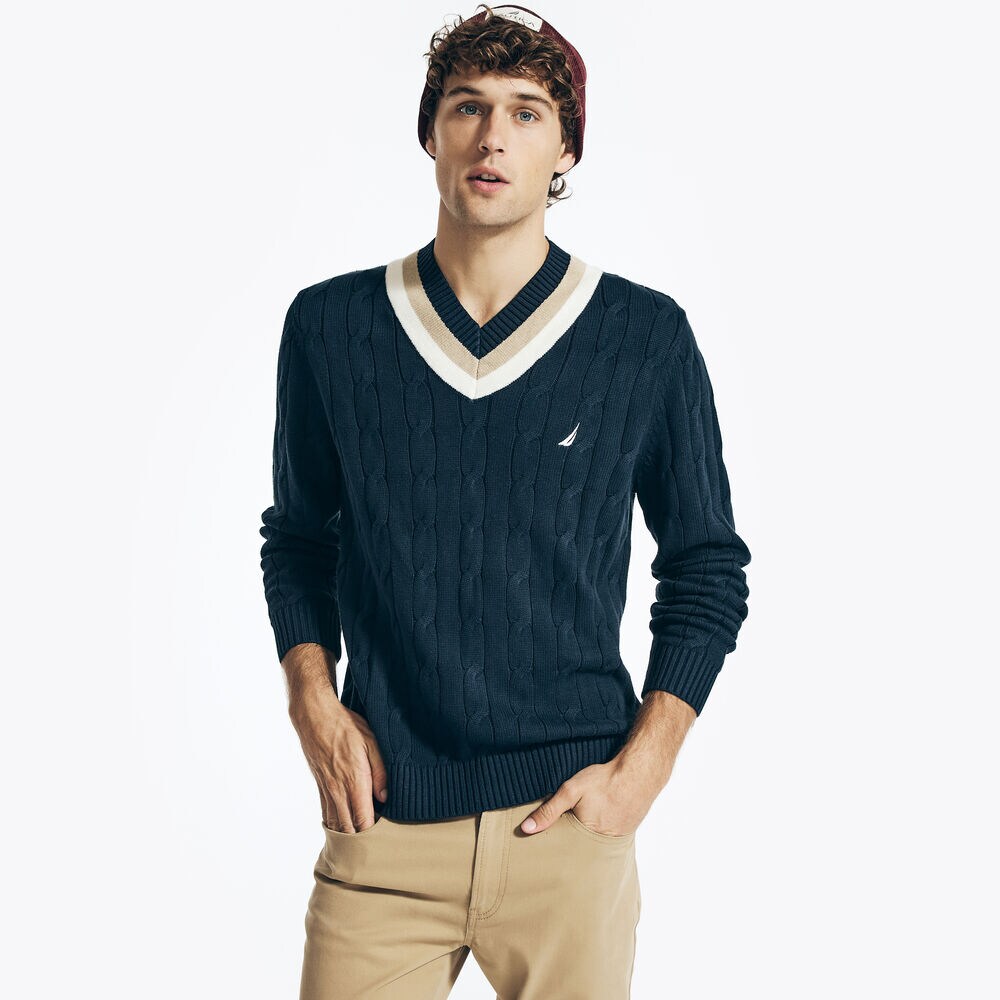 CRICKET CABLE-KNIT V-NECK SWEATER,Navy,large