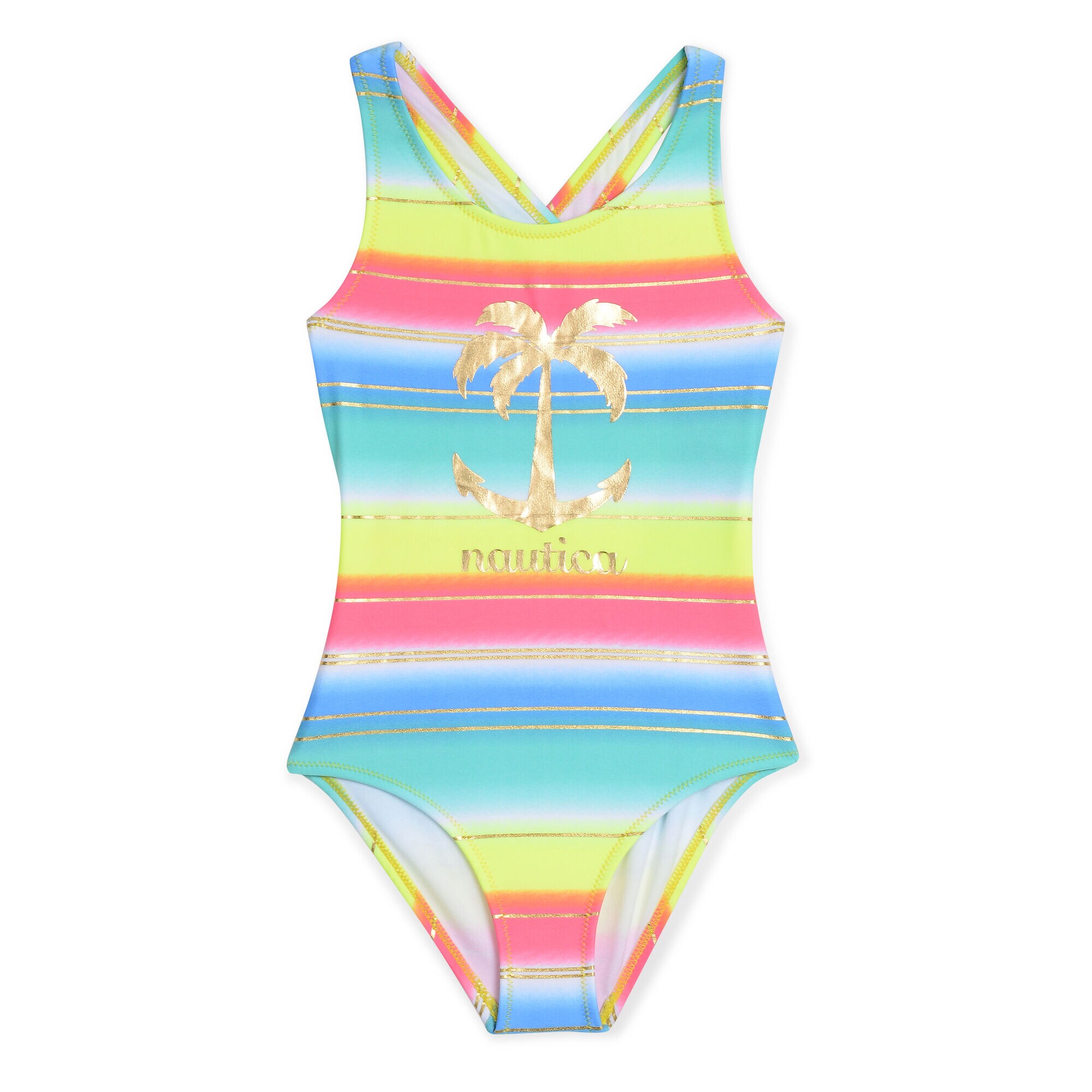 Girls' Logo One-Piece Swimsuit in Multistripe,Butternut,large