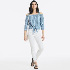 STRIPED COLD SHOULDER TIE-FRONT TOP,Bright White,large