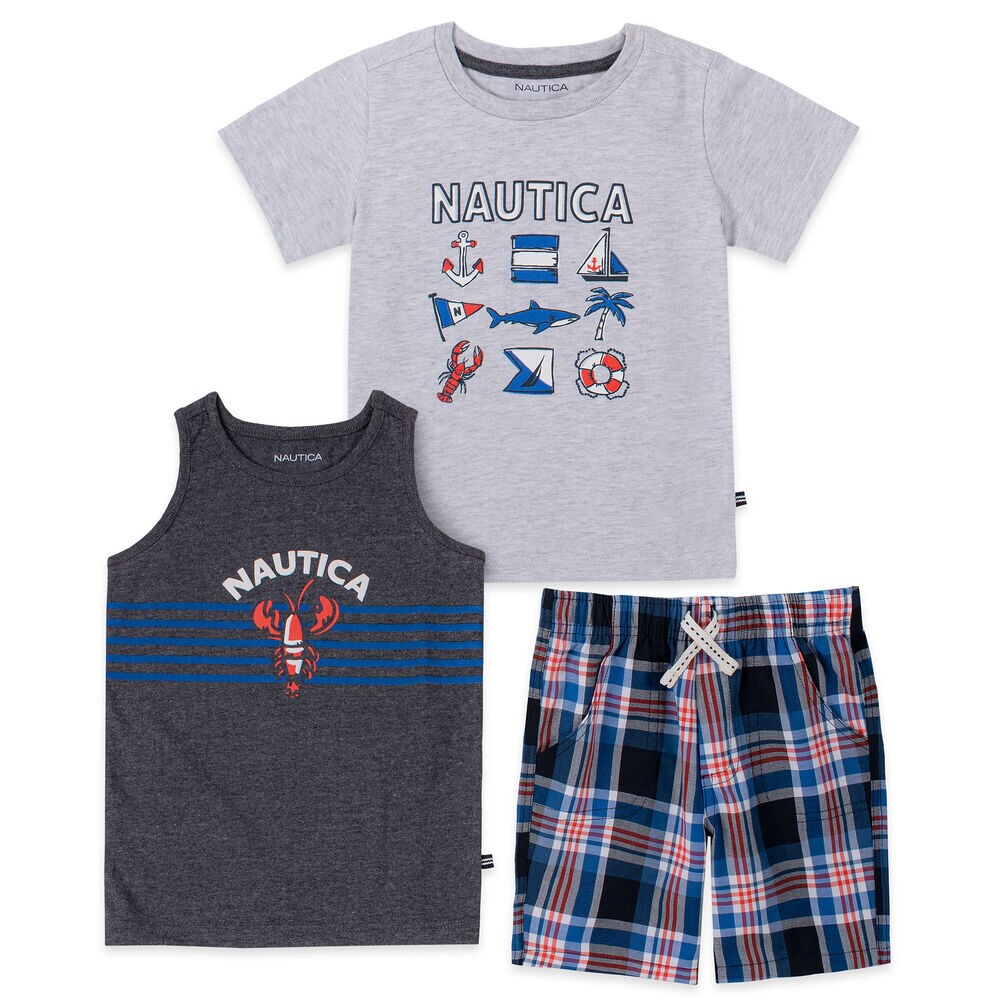 TODDLER BOYS' GRAPHIC T-SHIRT AND TANK 3PC PLAID SHORT SET (2T-4T),Aquadream,large