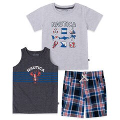 TODDLER BOYS' GRAPHIC T-SHIRT AND TANK 3PC PLAID SHORT SET (2T-4T),Aquadream,large