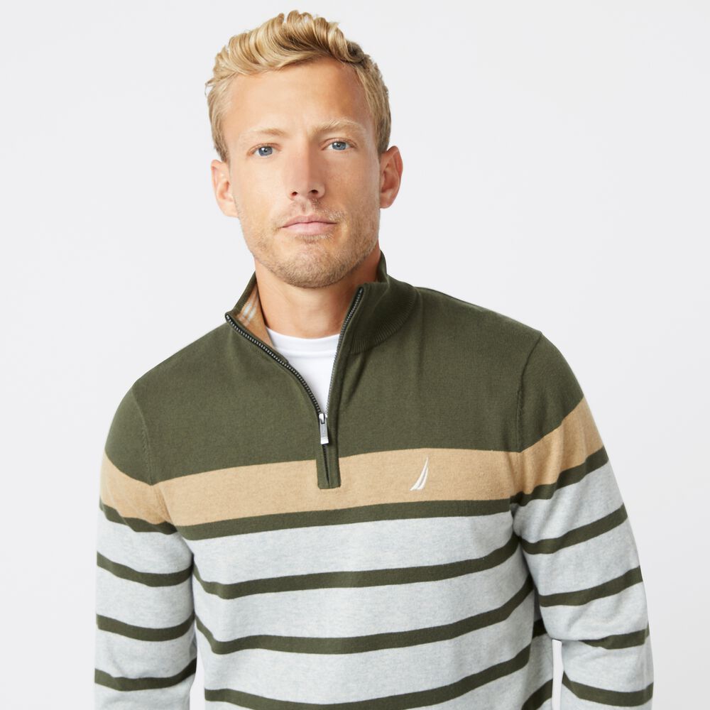 NAVTECH COLORBLOCK-STRIPED QUARTER-ZIP SWEATER,Olive,large