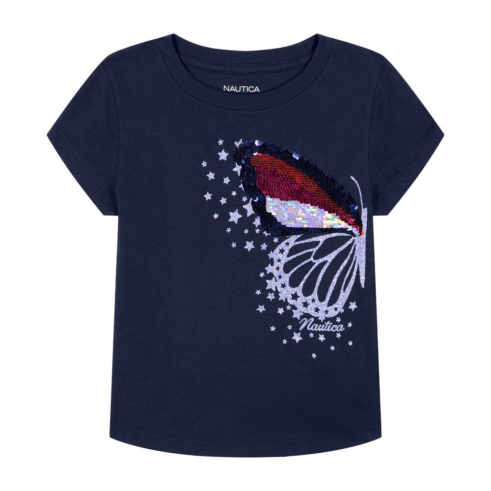 Little Girls' Left Butterfly T-Shirt (4-6X),Navy,large