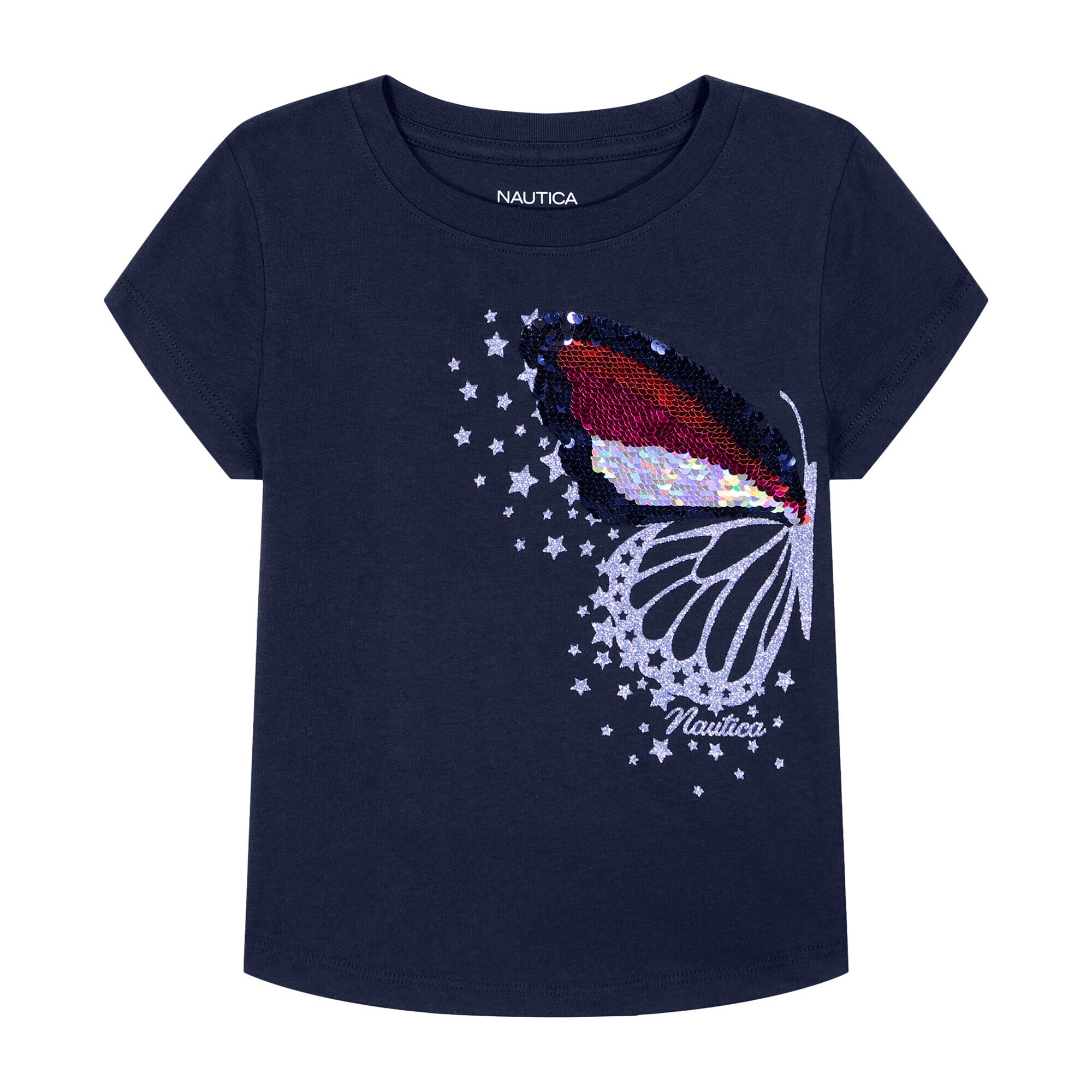 Little Girls' Left Butterfly T-Shirt (4-6X),Navy,large