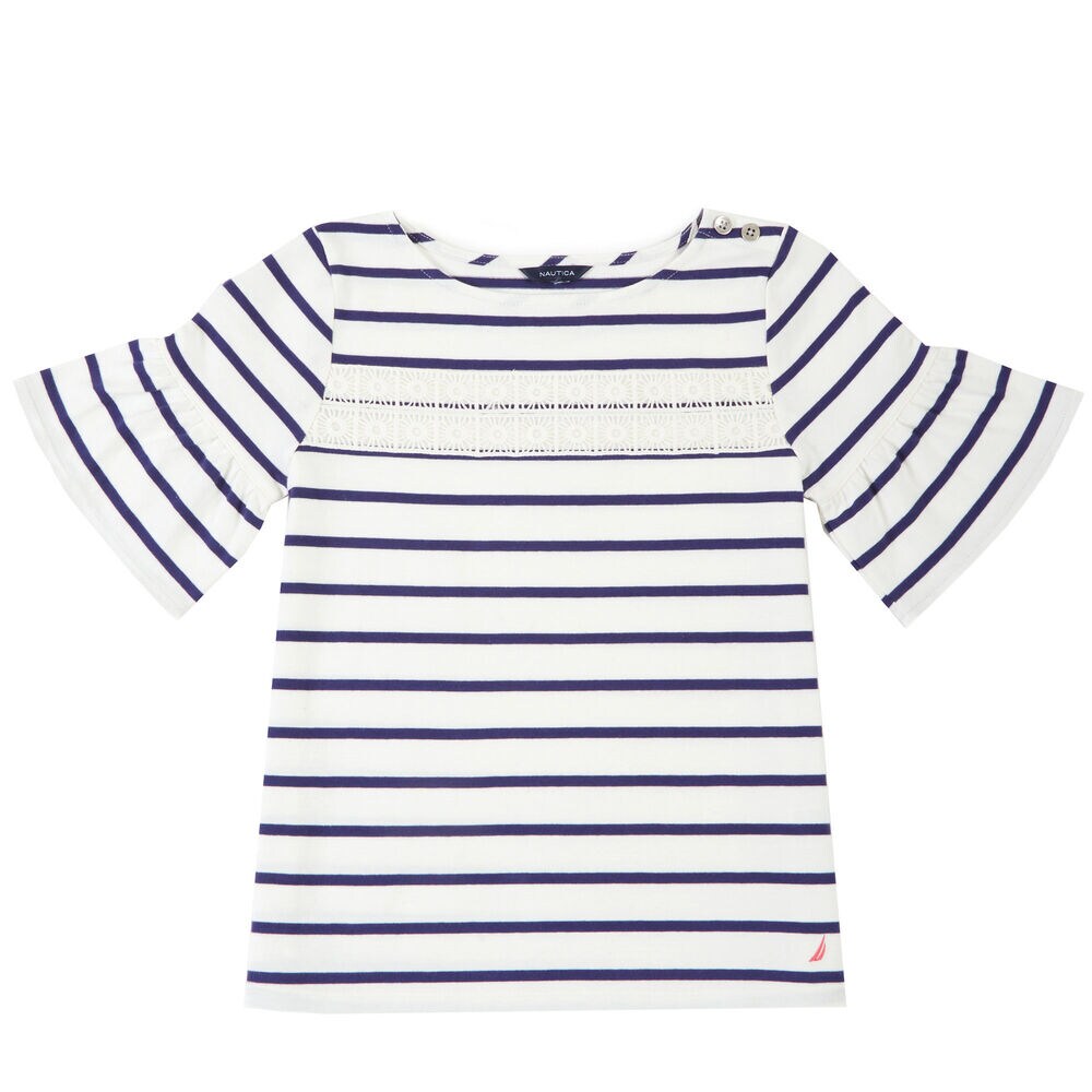 Little Girls' Striped Bell Sleeve Top (4-6x),Bright White,large