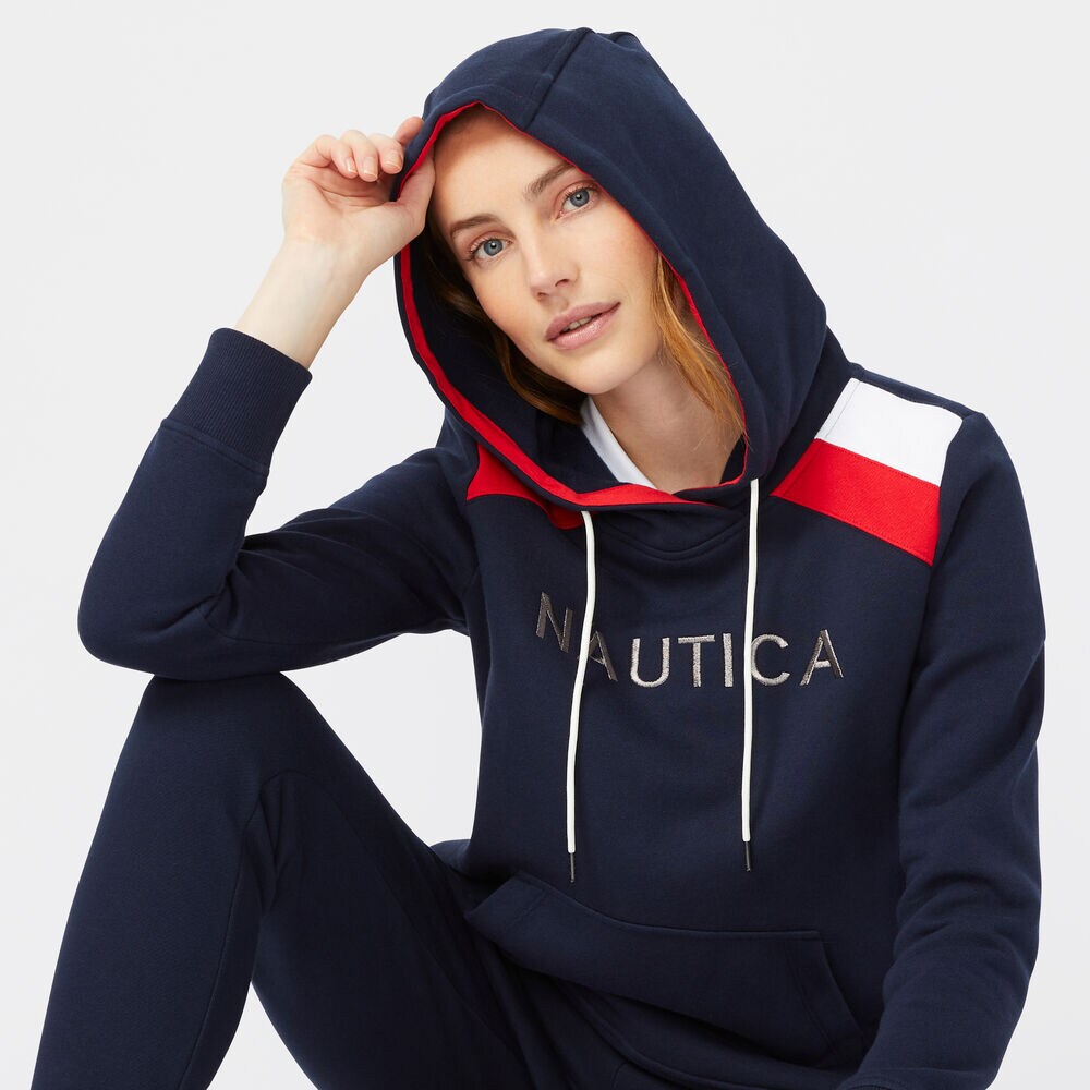 STRIPE SHOULDER LOGO PULLOVER HOODIE,Stellar Blue Heather,large