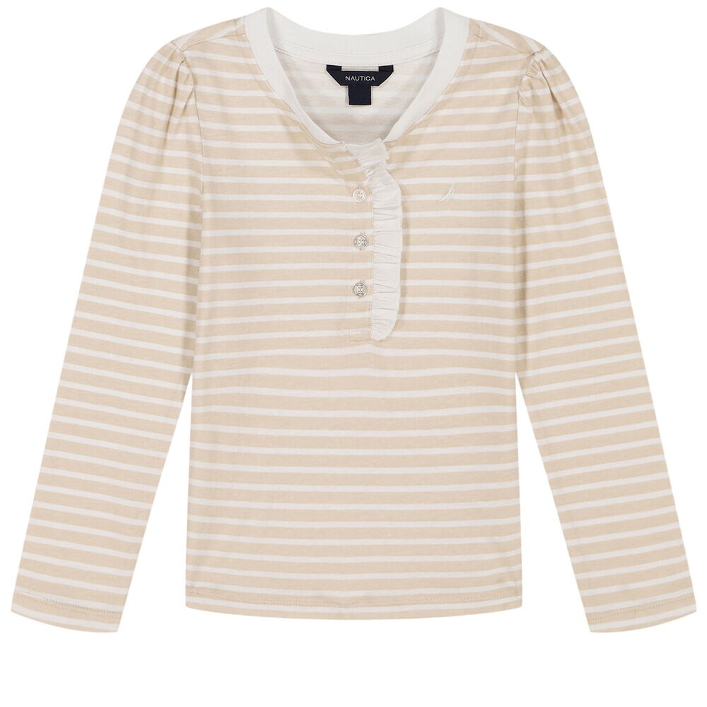 Little Girls' Striped Trim Long Sleeve Henley Top (4-6X),Raw Umber,large