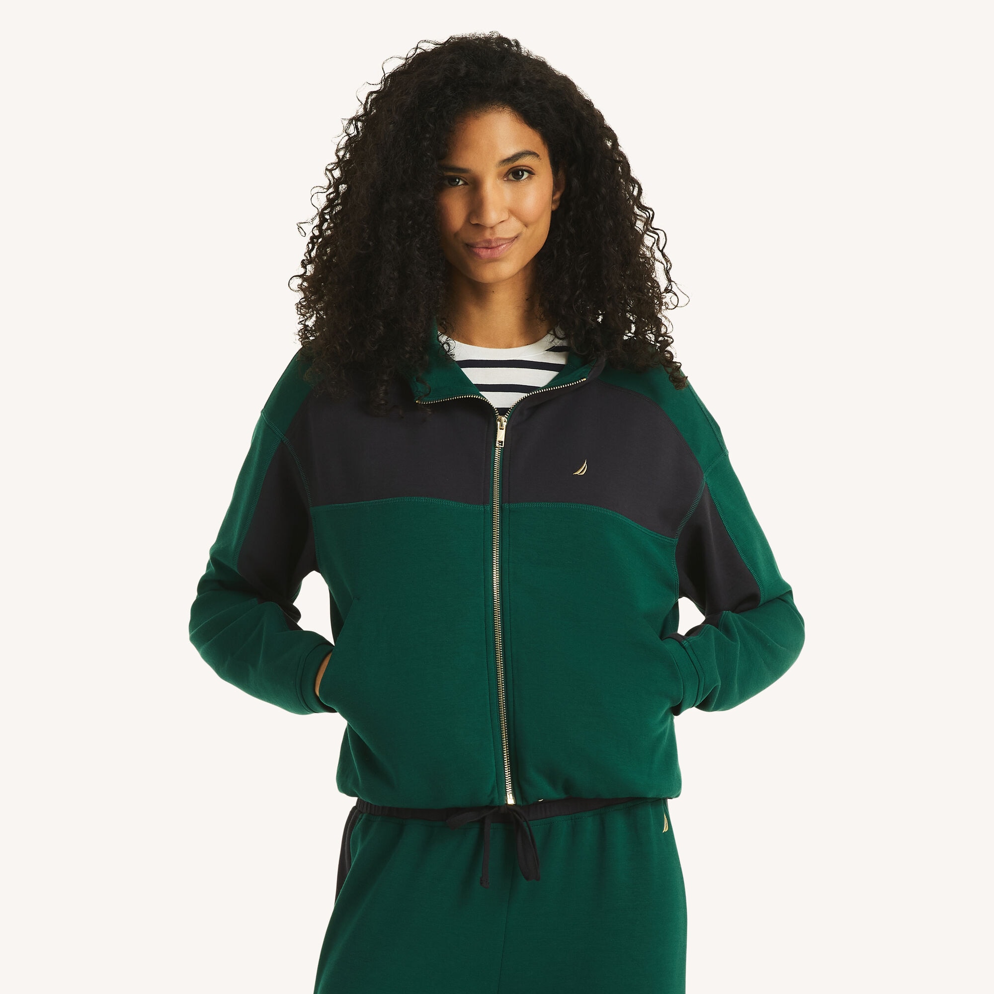 Color Blocked Zip-Front Hoodie,Shaded Spruce,large