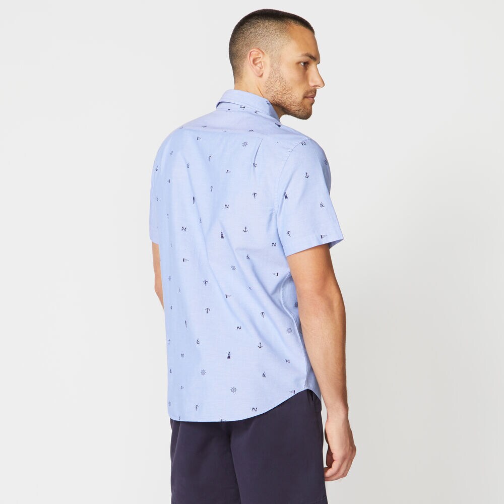 NAUTICAL ICON PRINT CHAMBRAY SHORT SLEEVE SHIRT,Riviera Blue,large