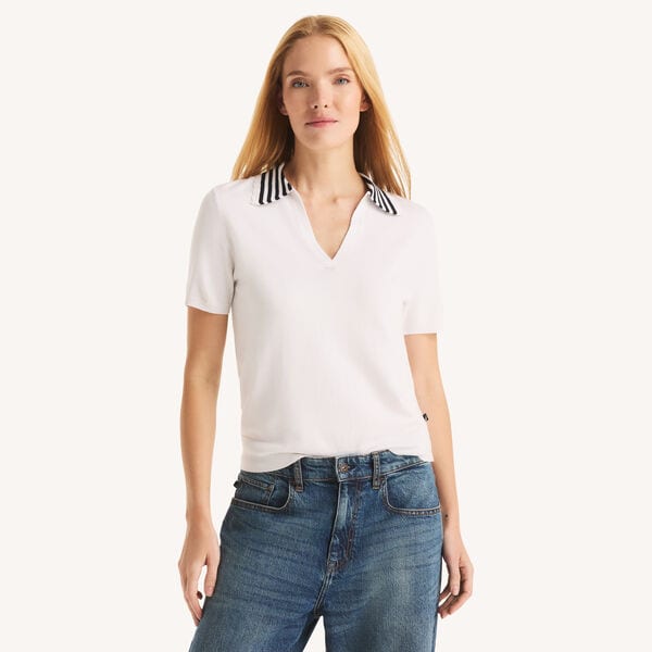 Scallop-Trim Johnny Collar Short-Sleeve Sweater