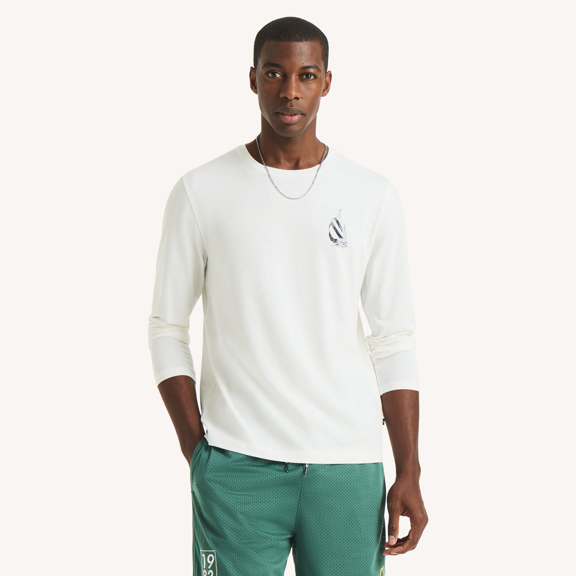 Long-Sleeve Embroidered Graphic T-Shirt,Sail White,large
