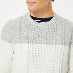 COLORBLOCK CABLE-KNIT SWEATER,Marshmallow,large
