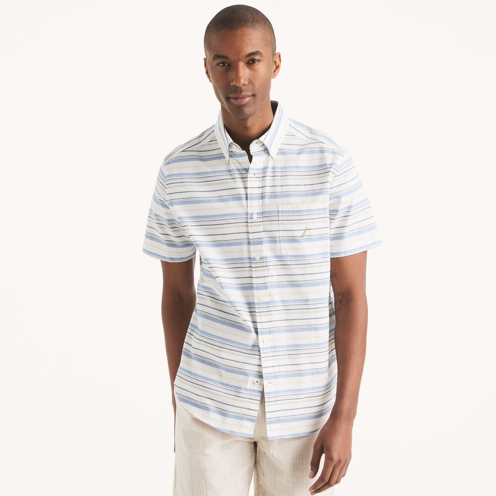 Striped Short-Sleeve Oxford Shirt,Sail White,large