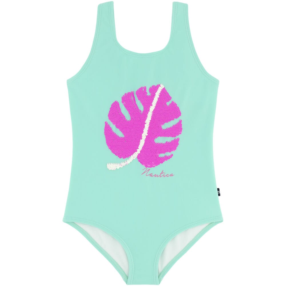 GIRLS' PALM LEAF FLIP SEQUIN ONE-PIECE (8-16),Wave Green,large