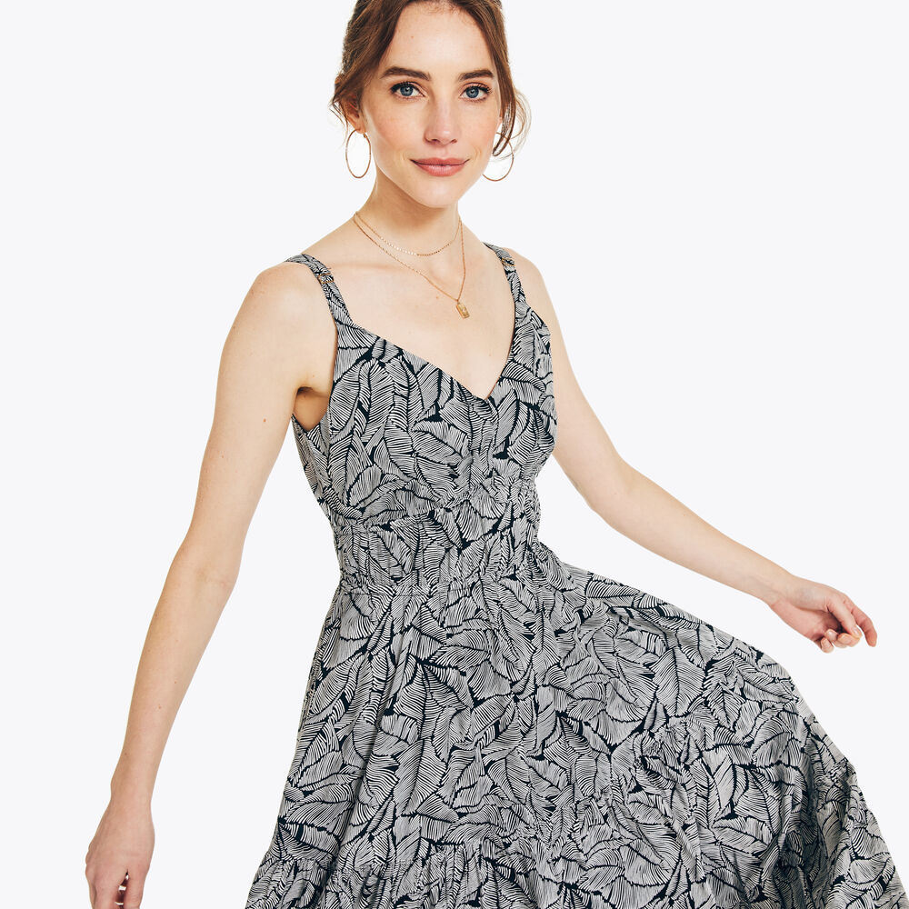 Sustainably Crafted Cinch-Waist Printed Dress,True Black,large
