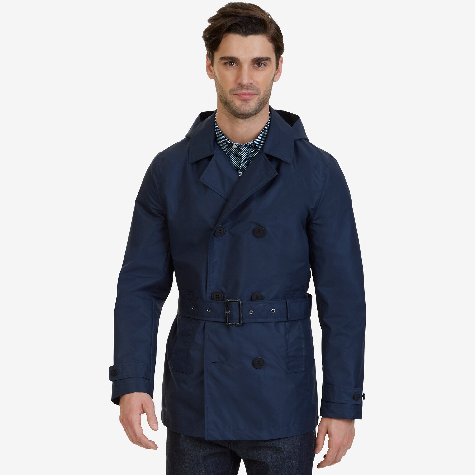 Coated Lightweight Hooded Peacoat,True Navy,large