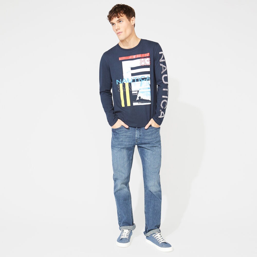 LONG SLEEVE STRIPE COLLAGE T-SHIRT,Navy,large