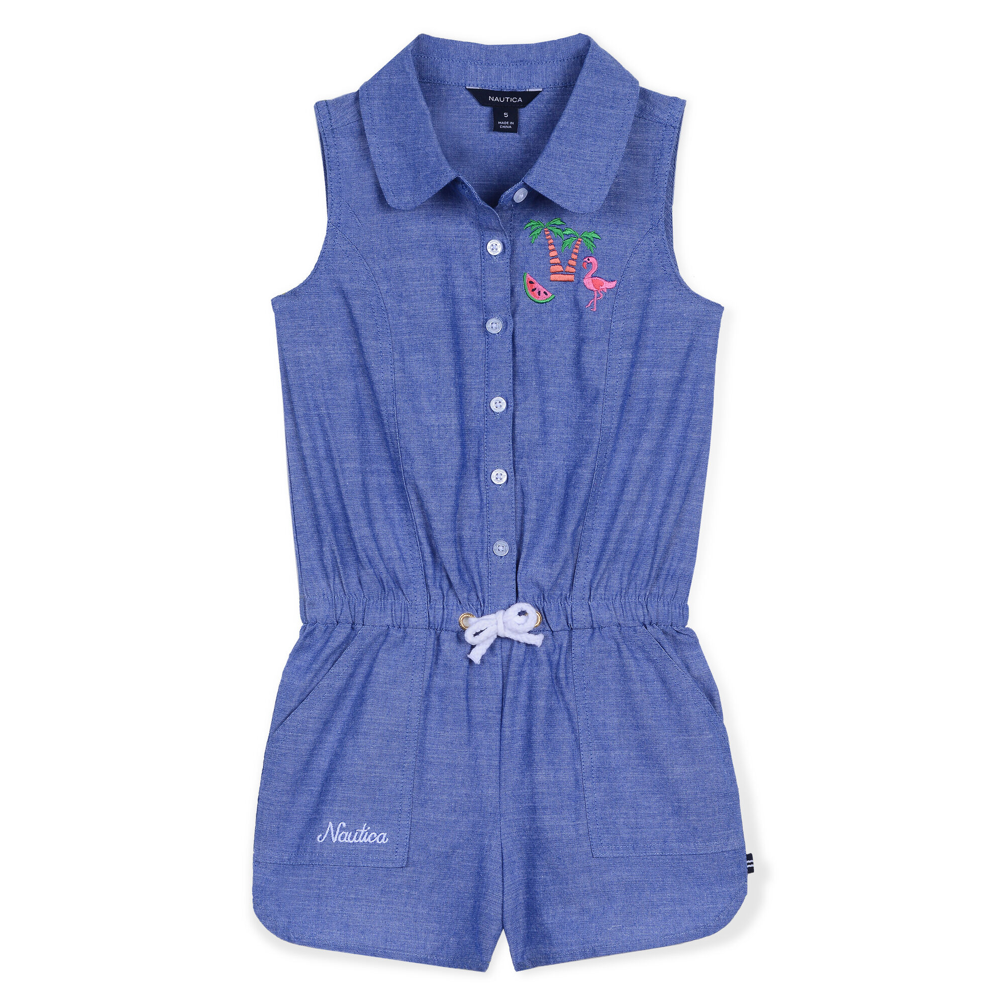 Girls' Chambray Romper,Delphinium Blue,large