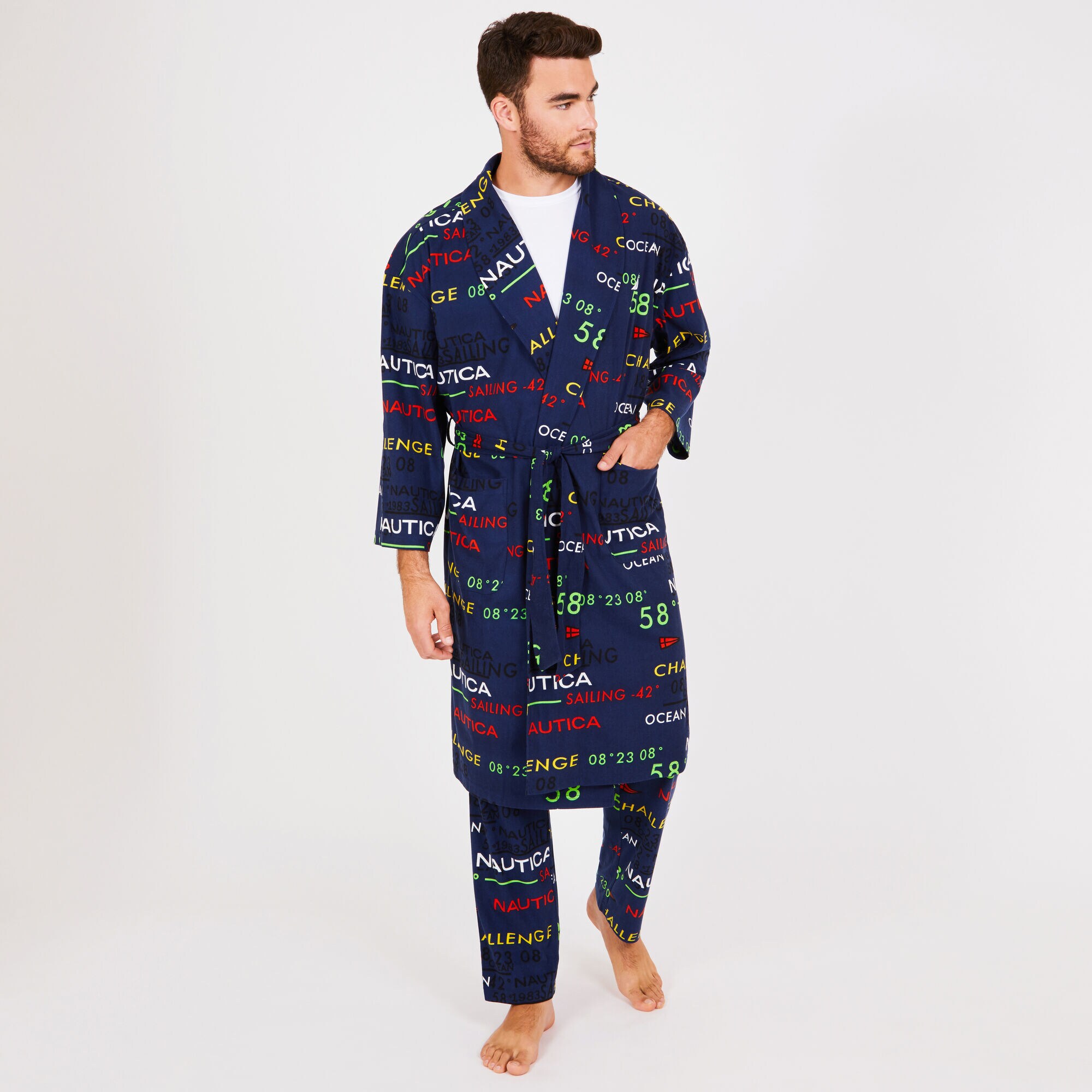 Nautica Logo Cozy Fleece Robe,J Navy,large