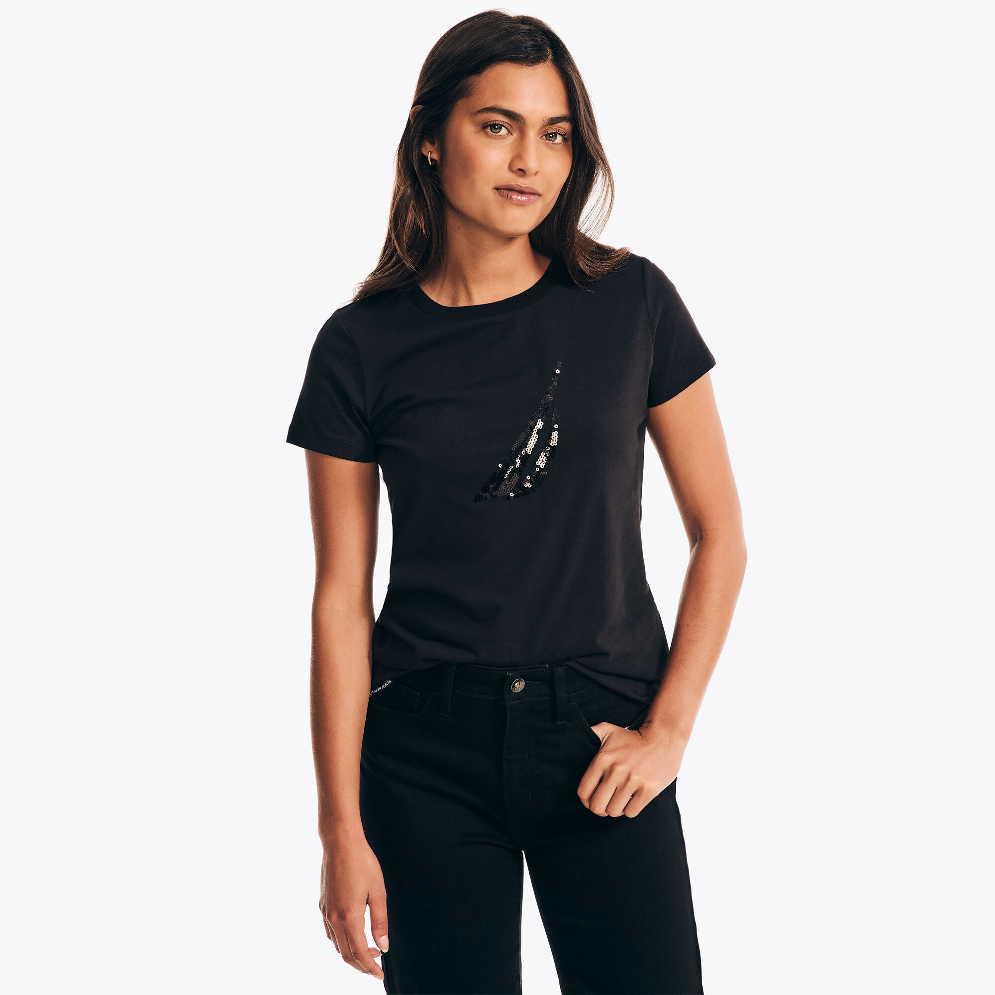 Sequin Logo Graphic T-Shirt,True Black,large