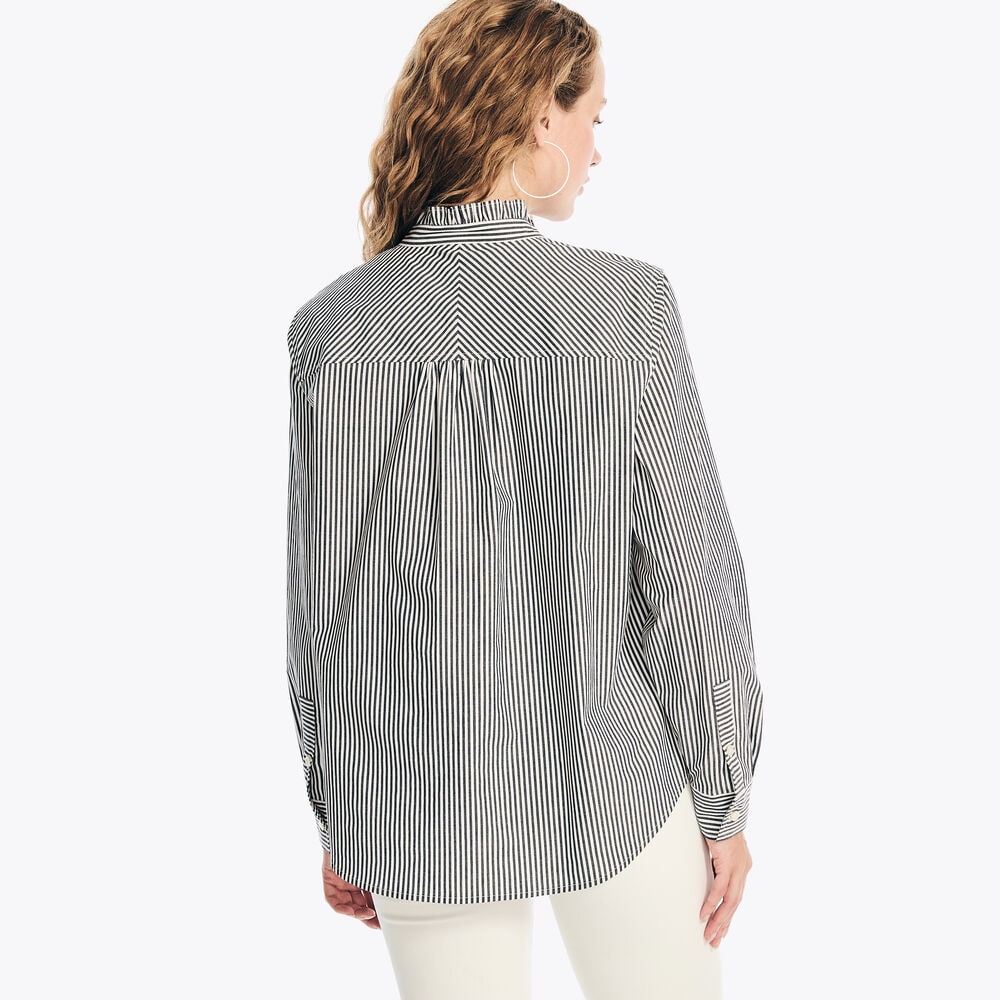 Striped Ruffle-Neck Shirt,Bright White,large