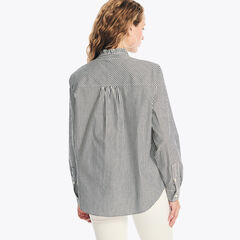 Striped Ruffle-Neck Shirt,Bright White,large