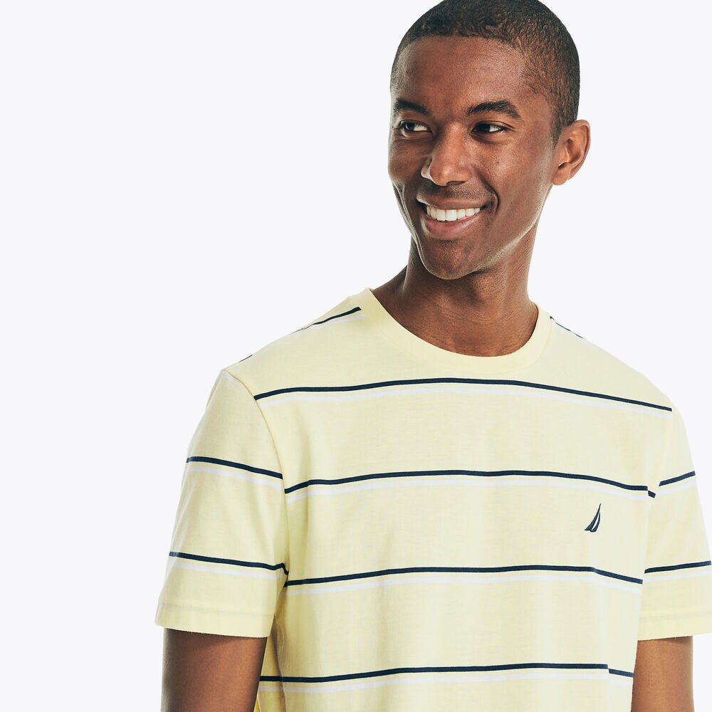 SUSTAINABLY CRAFTED STRIPED T-SHIRT,Light Gold,large