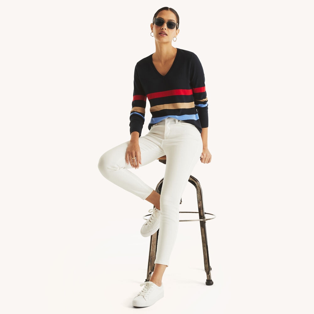 Striped V-Neck Sweater,Navy,large