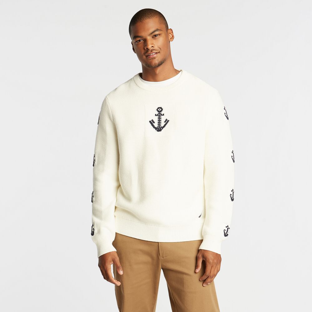 CREWNECK JACQUARD ANCHOR SWEATER,Marshmallow,large