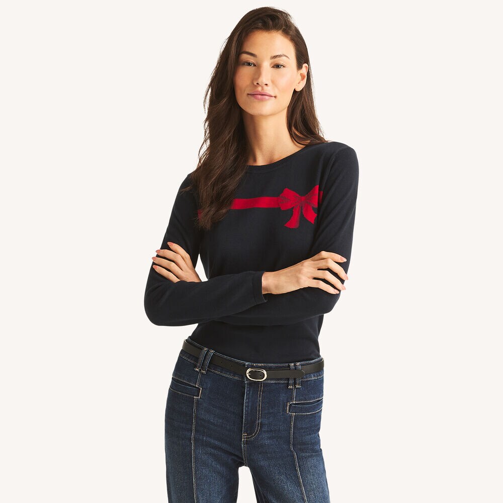 Jacquard Bow Crewneck Sweater,Navy,large
