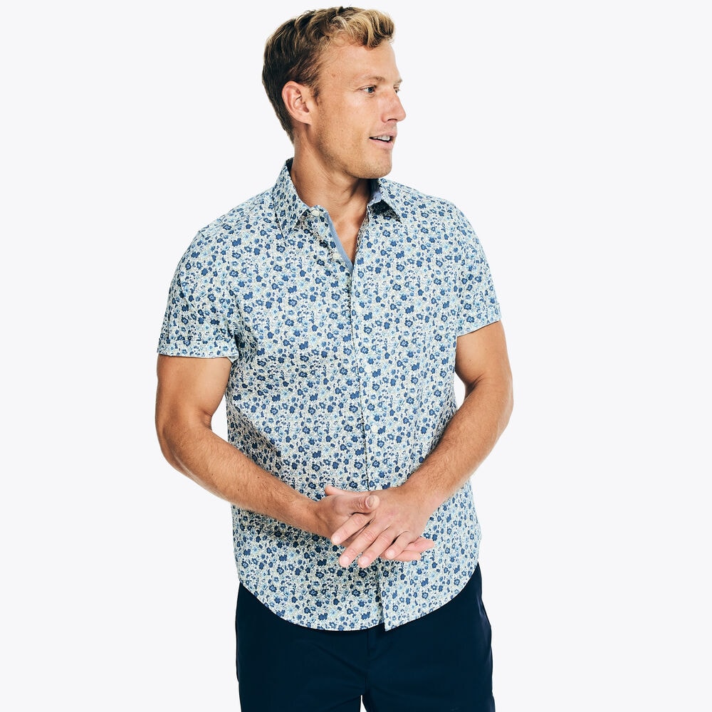 Nautica Men's Navtech Trim Fit Short-Sleeve Shirt - Moisture-Wicking Floral Print (Estate Blue, Small)