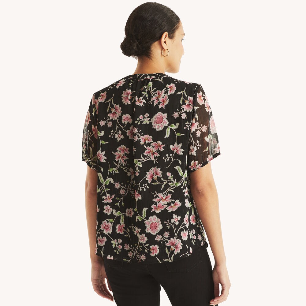 Floral-Print Ruffle Popover Top,True Black,large